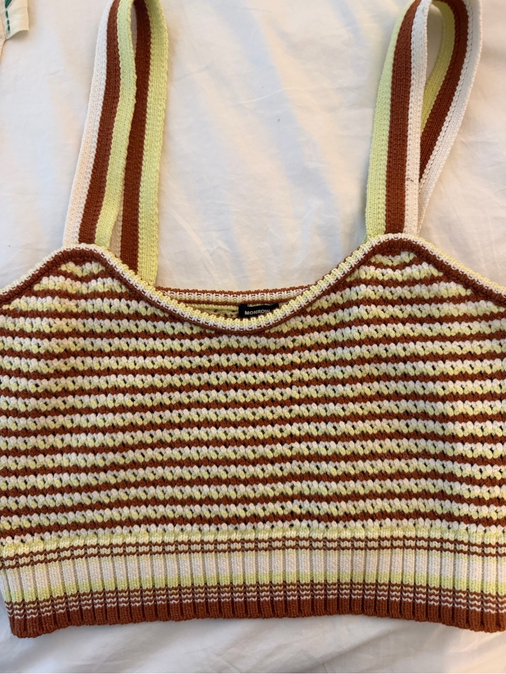 Monrow Brown and Pale Yellow Striped Crochet Top